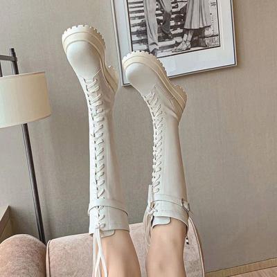 Модные длинные сапоги для женщин на лето 2025, осенний новый стиль, белые длинные сапоги на толстой подошве, для полных ног, с высокими ремешками