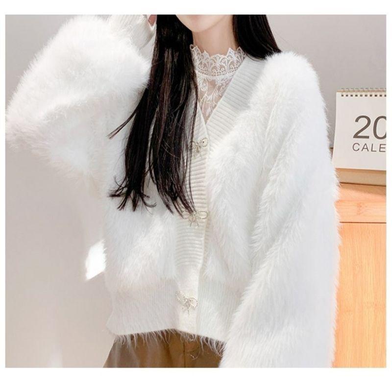 Короткие длинные волосы, однотонный свитер из искусственного норкового флиса, женский 2023, осень/зима, однотонный корейский свободный милый вязаный кардиган, женский