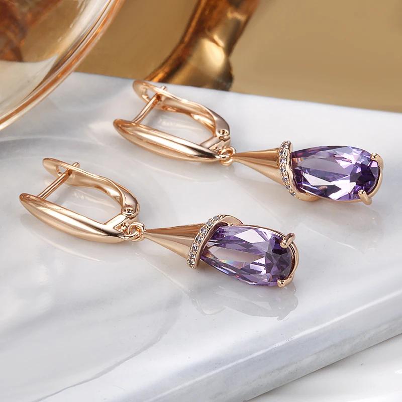 1 Pair Gold Color Long Drop Earrings for Women Elegant Purple Zircon Water Drop Dangle Earrings Fine Jewelry Crystal Gift