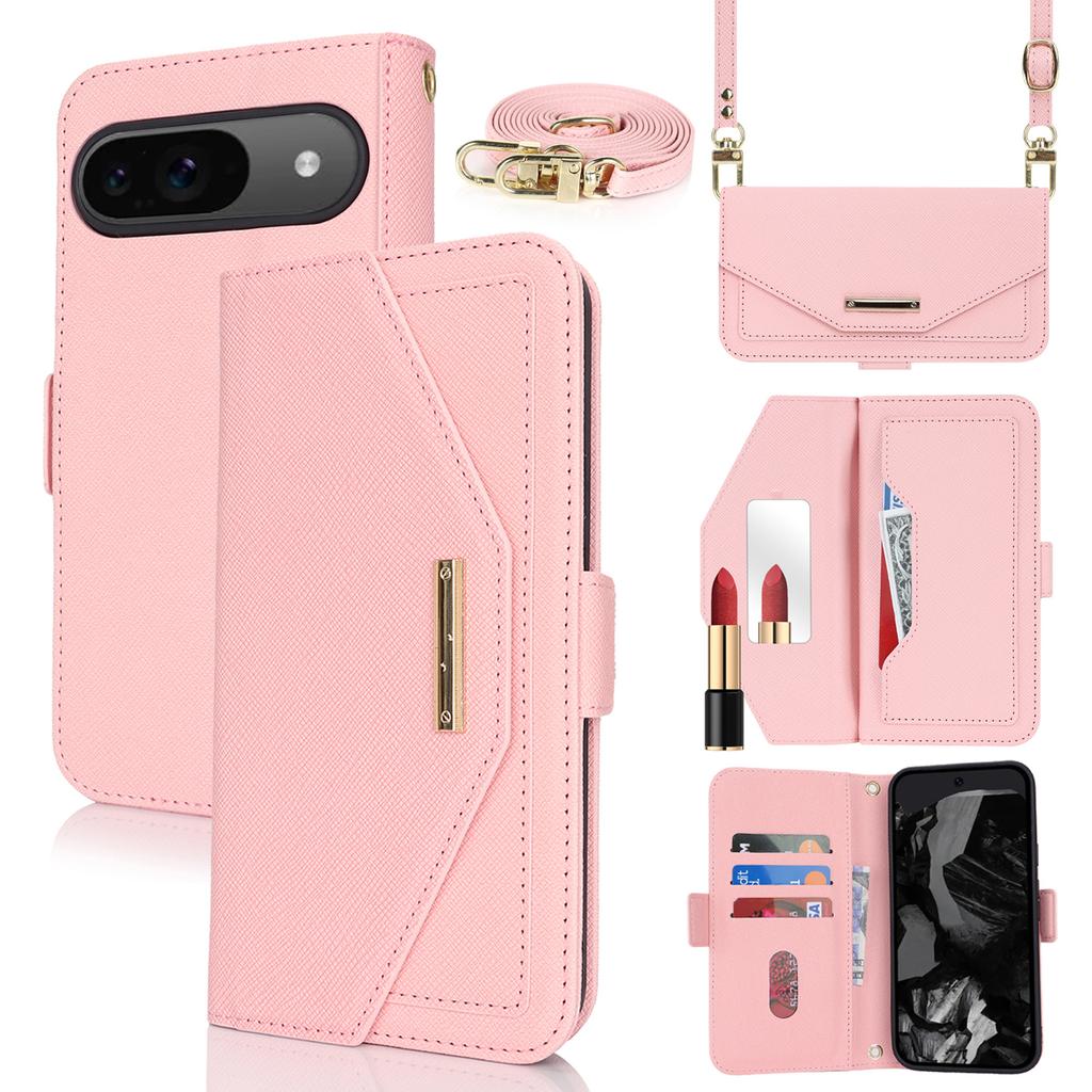 Чехол-подставка для Google Pixel 9/9 Pro, кошелек из искусственной кожи с перекрестной текстурой, чехол для телефона с плечевым ремнем/зеркальцем для макияжа