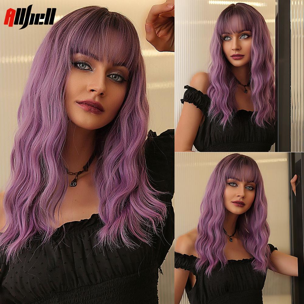 Bob Wavy Synthetic Wigs With Bangs for Women Blonde Ombre Medium Length Water Wave Wig Heat Resistant Fiber Hair Party Cosplay