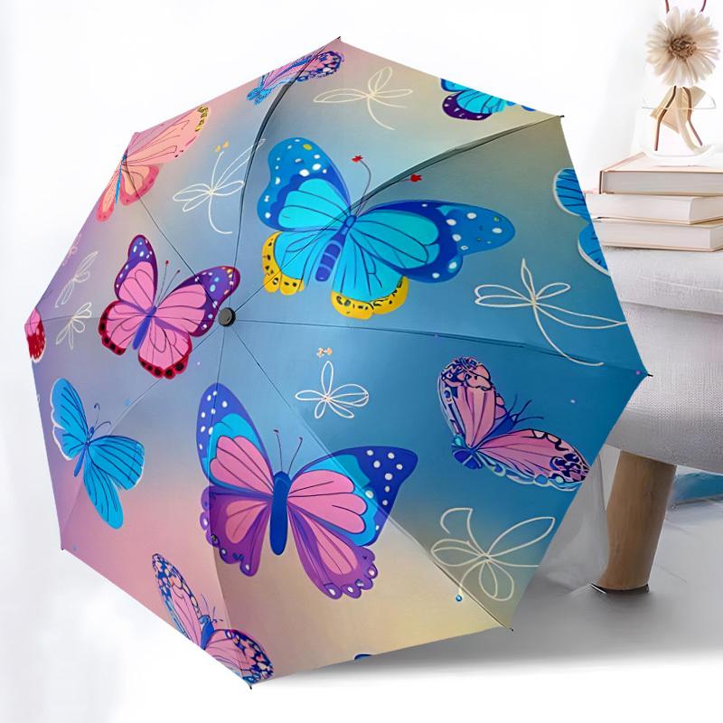 1pc Butterflies, Pastel Automatic Open/Close Umbrella - Compact Travel Umbrella with 8-Rib Durable Frame, Lightweight & Portable Design z39