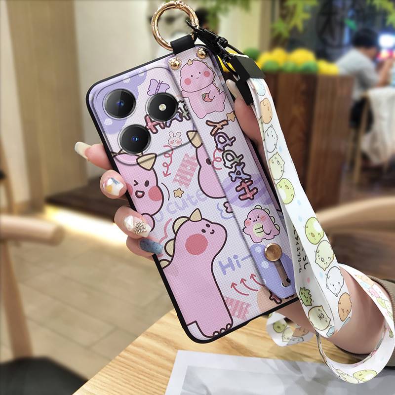 Dirt-resistant Cute Phone Case For Realme C63 4G/C61 4G Wrist Strap Kickstand Back Cover Anti-knock Lanyard Silicone