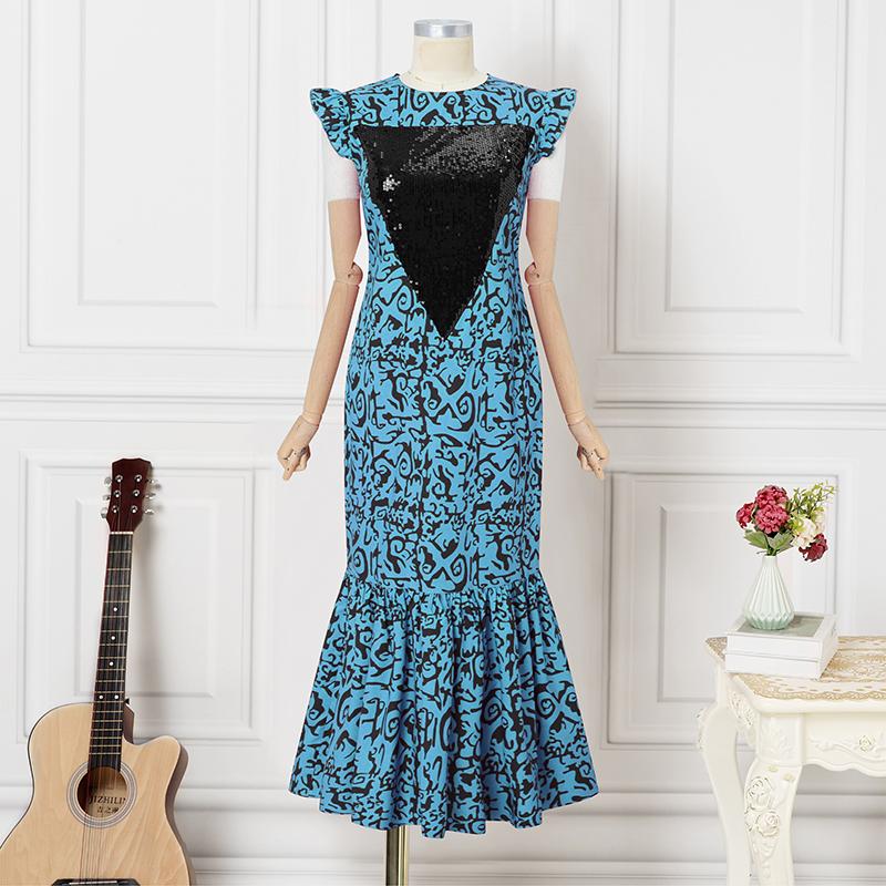 Plus Size Women Round Neck Sleeveless Print Fishtail Ruffled Plus Size Dresses