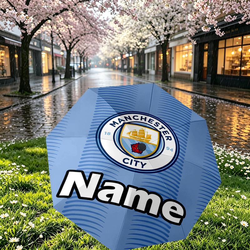 Custom Name Personalized Manchester City FC Print Umbrella, Auto Open Close, 8‑Rib Sturdy Frame, Commute Camping Hiking Use, Birthday Gift
