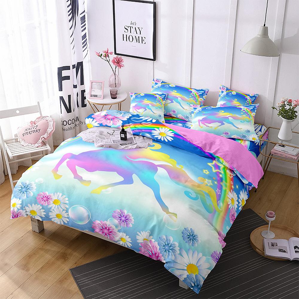 Home Textiles Rainbow Unicorn Bedding 3D Digital Printing Quilt Set Three-Piece Set