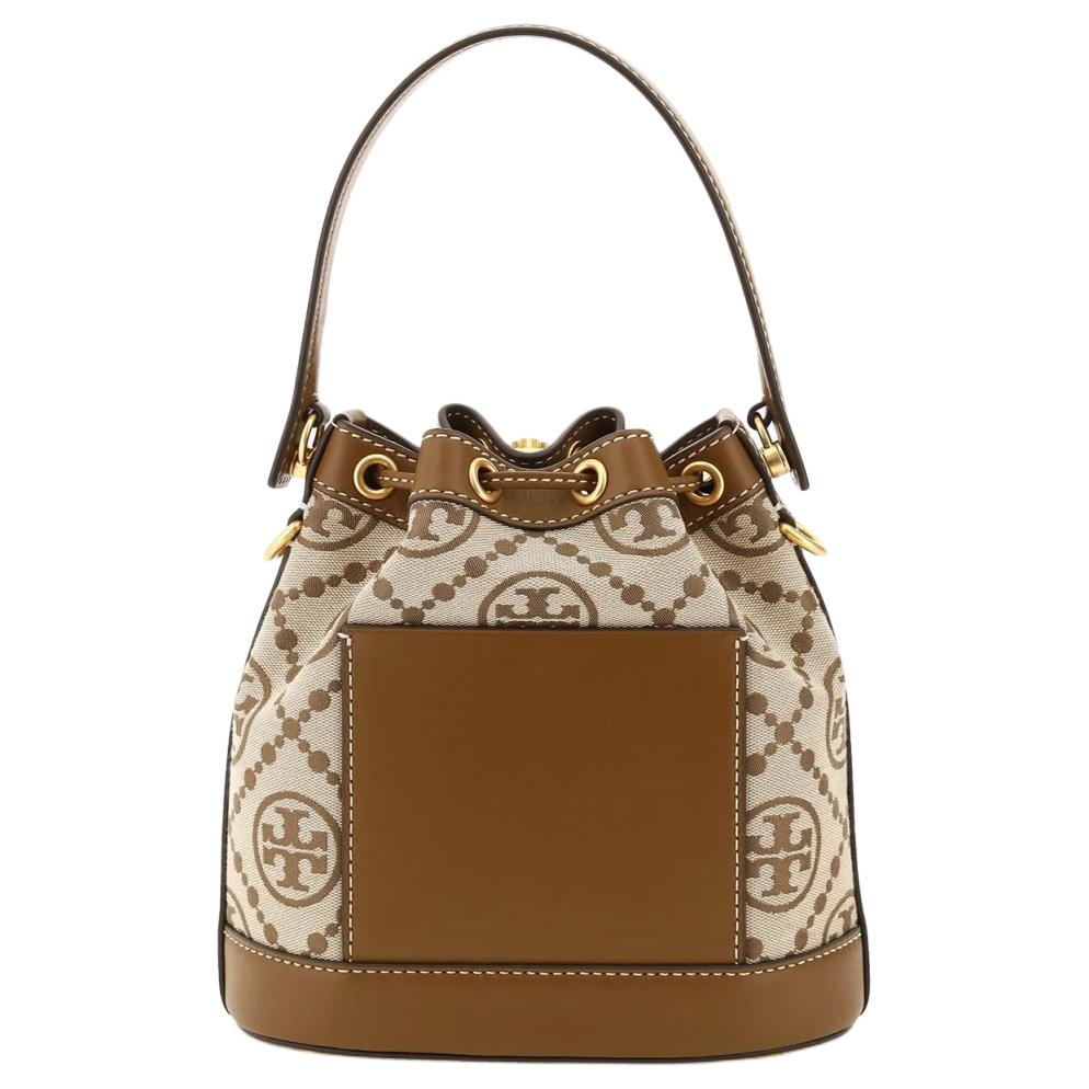 Tory Burch T Monogram Brass Accented Elegant Drawstring Bucket Bag With Push Lock Women Handbags Hazelnut-Brown 84336-371