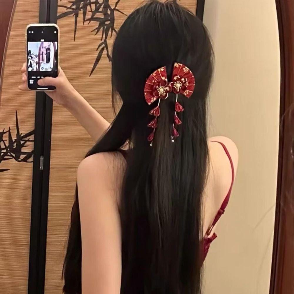 Flower Kimono Sakura Hairpin Sakura Hanfu Fan Hair Clip Sweet Tassel Fan Hair Clip Outdoor