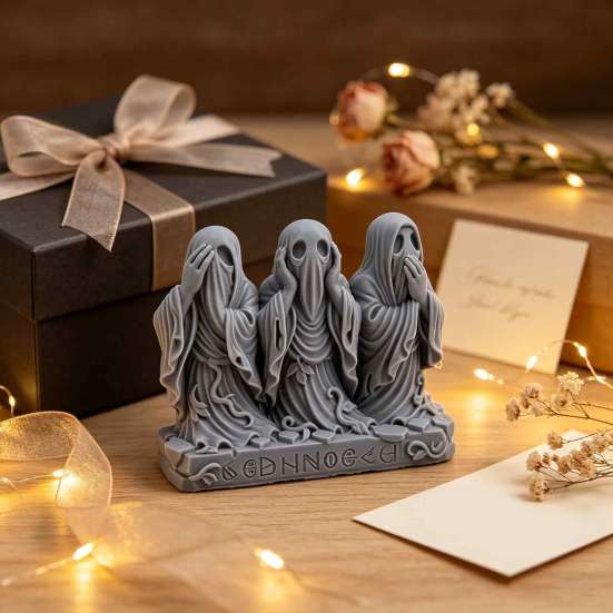 Gothic Room Accessories 3D Printed Ghost Figurine, See Hear Speak No Evil Retro Rune Sculpture Statue, Halloween Desktop Ornament for