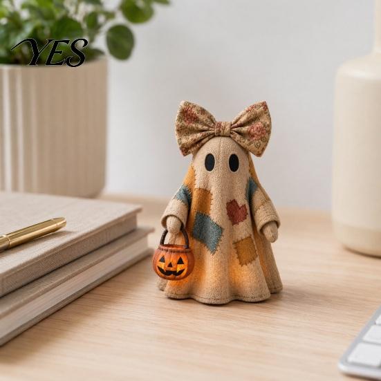 Warm Glow Decoration Light Halloween Lighted Patchwork Ghost Figurine, Light-Up Bow with Pumpkin Vintage Figurine Lantern, Ghosts Lamp for Holiday