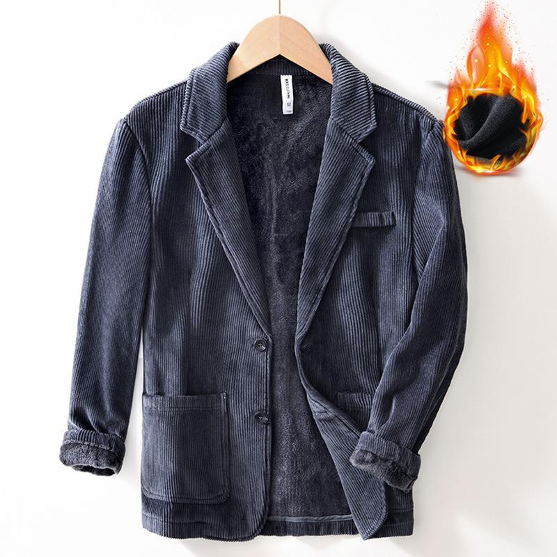 Осеннее и зимнее теплое пальто, мужские пригородные британские костюмы и блейзеры, вельветовая флисовая куртка, однотонные утепленные куртки в простом стиле