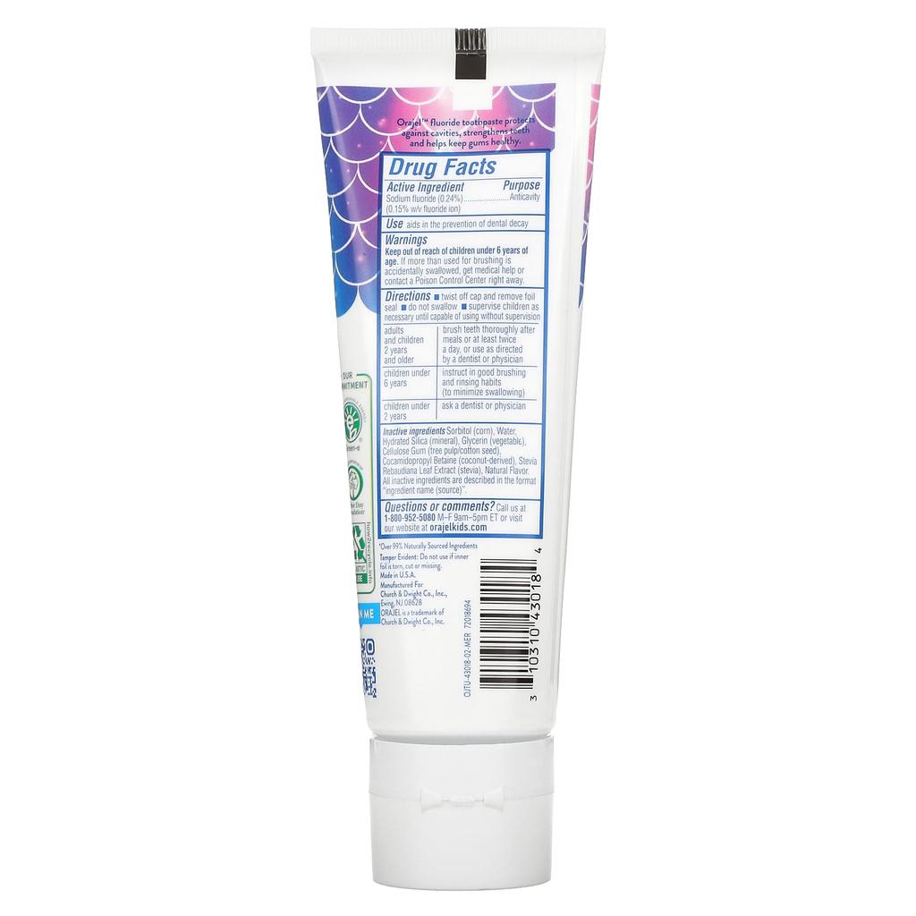 Детская зубная паста с фторидом для профилактики кариеса «Русалочка», 2-10 лет, натуральный ягодный клубничный вкус, 119 г(4.2 унции)