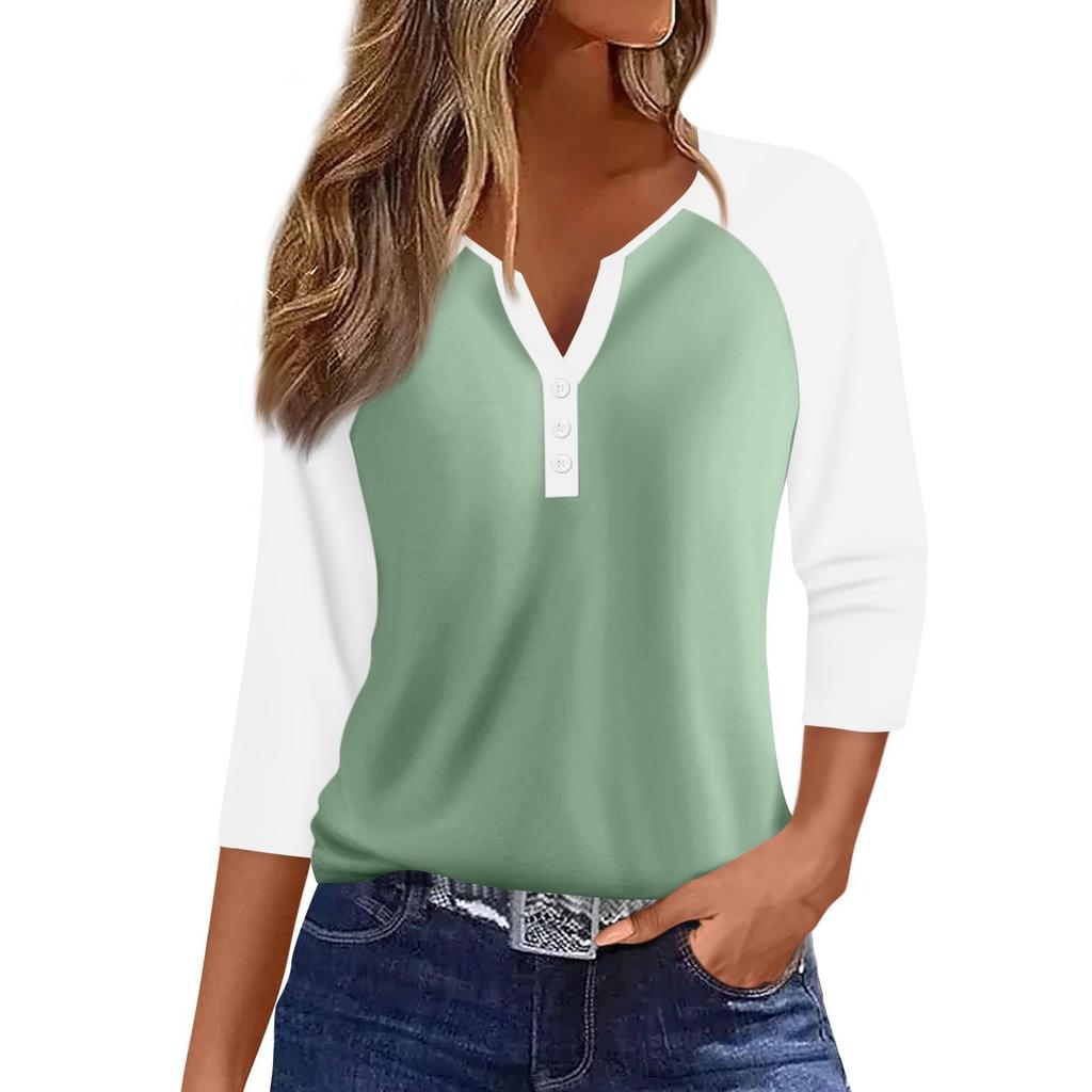 Женская мода повседневная футболка с рукавами реглан, колор-блок, V-образным вырезом, рукавами три четверти, декоративными пуговицами