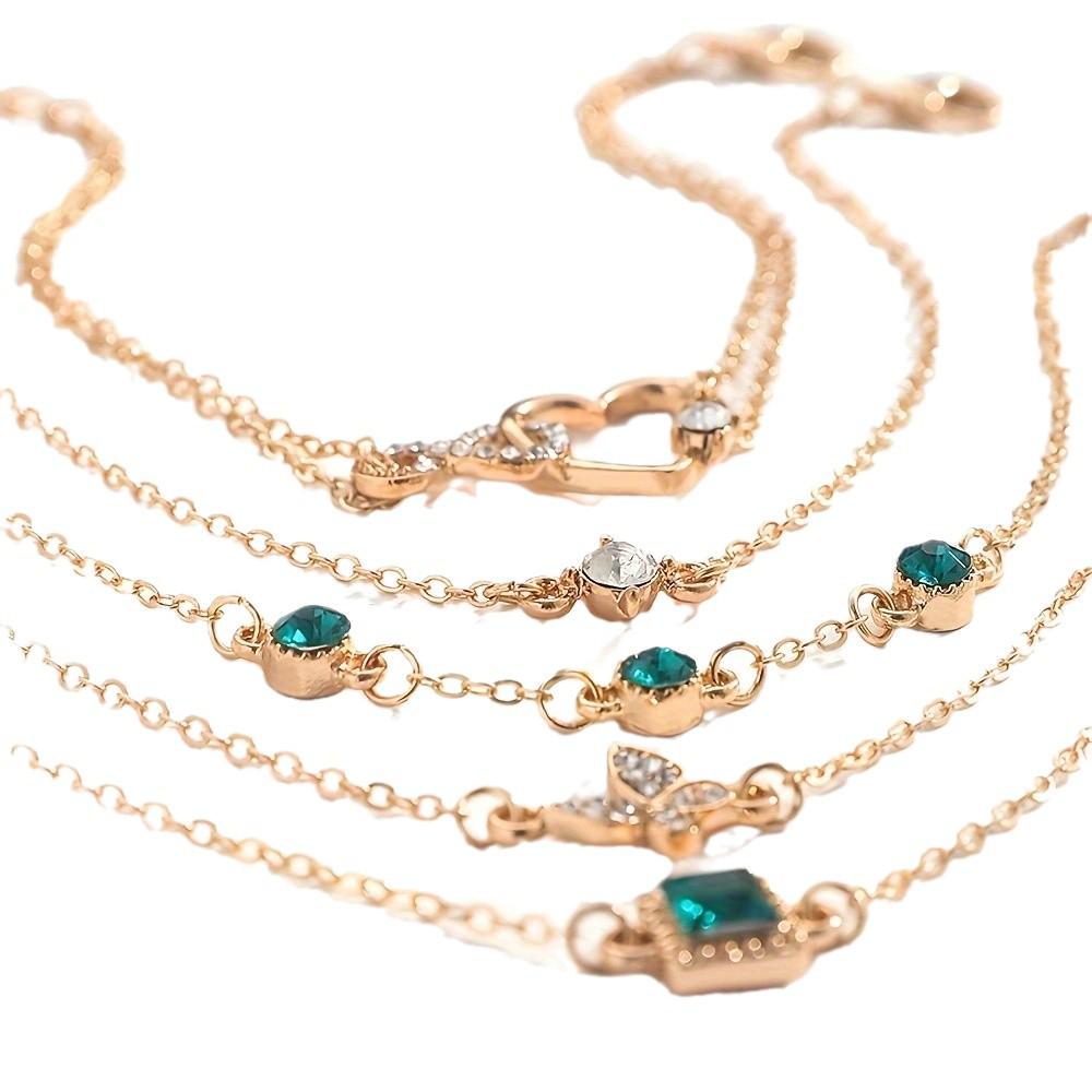 Retro Green European & American Bracelet Set: Square Diamond, Butterfly & Love Designs (5 Pieces)