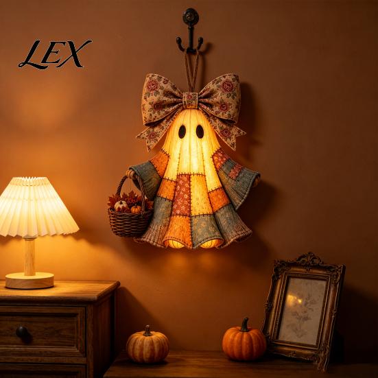 Halloween Door Hanger Lighted Vintage Patchwork Ghost Hanger, Rustic Farmhouse Figurine, LED Light Up Ornaments for Home Spooky Resin Statue