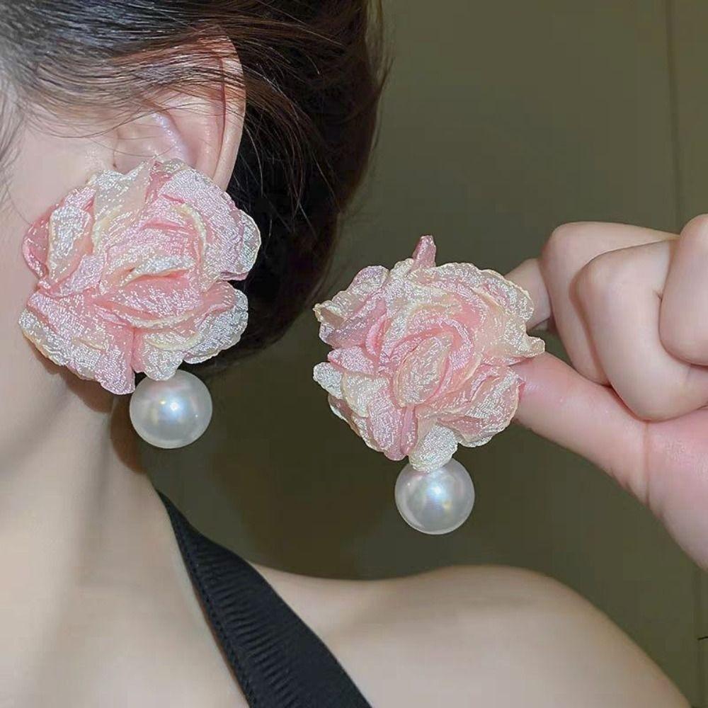High-quality Camellia Pearl Earrings Senior Pearl Pendientes New Pink Large Flower Earrings Women