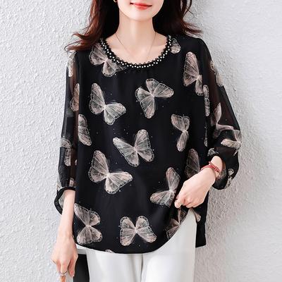 Лето 2025 Женские футболки больших размеров Шифон Элегантные принты Топы Футболки Свободная рубашка