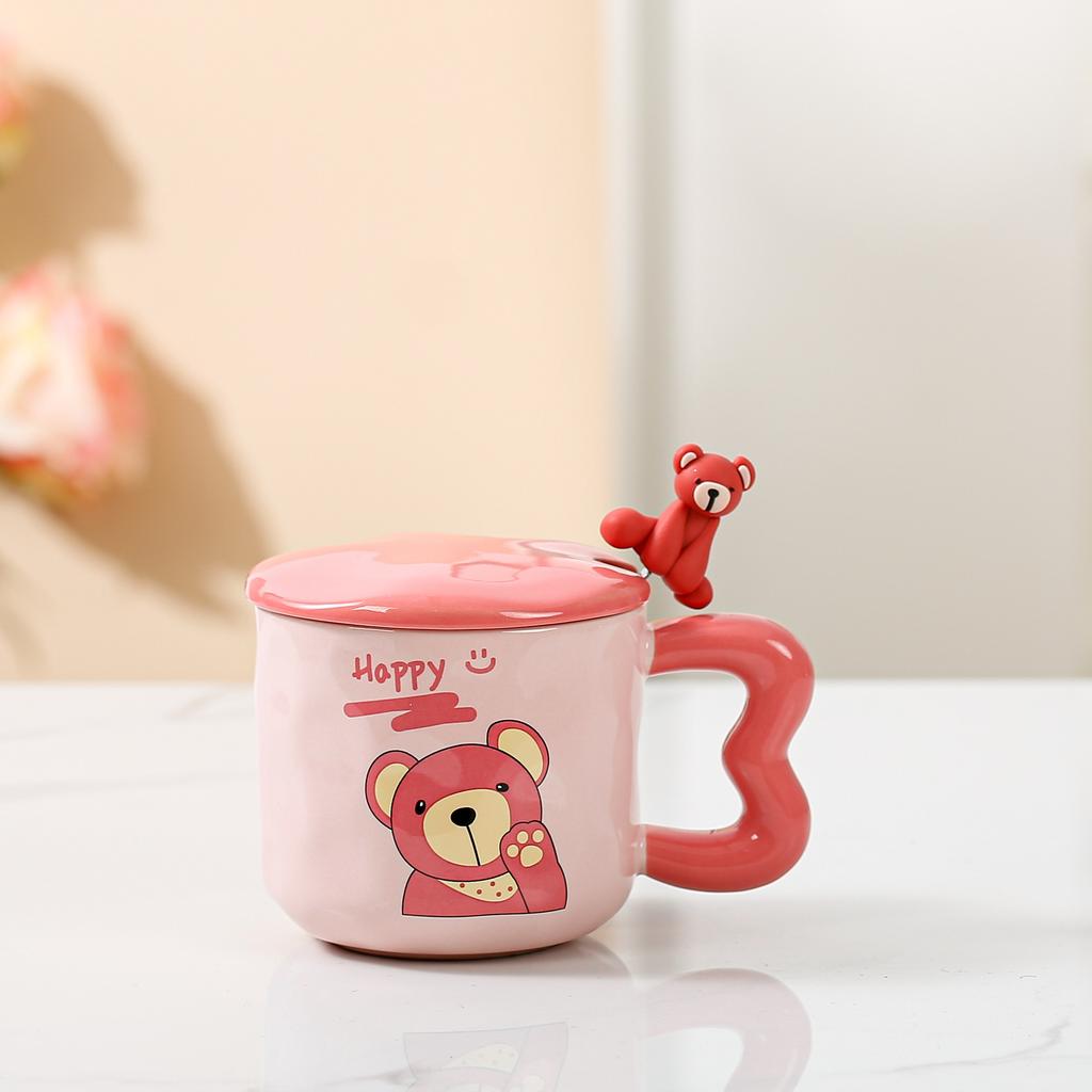 Cute Cartoon Ceramic Cup Powder Bear Mug with Lid Spoon High Looking Girl Drinking Water Cup for Home Use