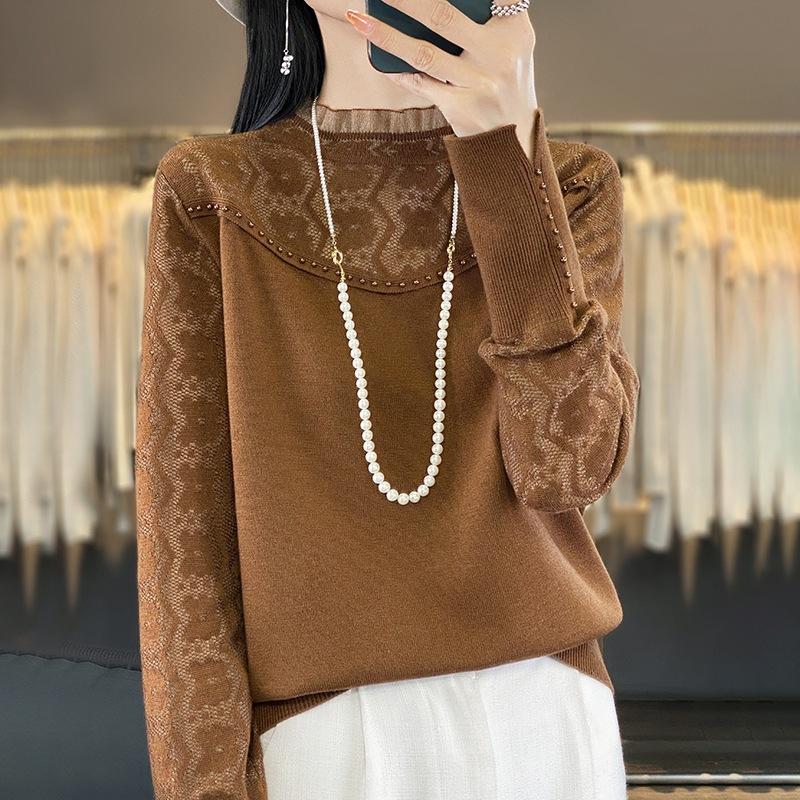 Весенне-осенний женский вязаный свитер с деревянным воротником и ушками, кружевной ажурный шерстяной свитер, свободный однотонный свитер с полувысоким воротом, тонкая рубашка