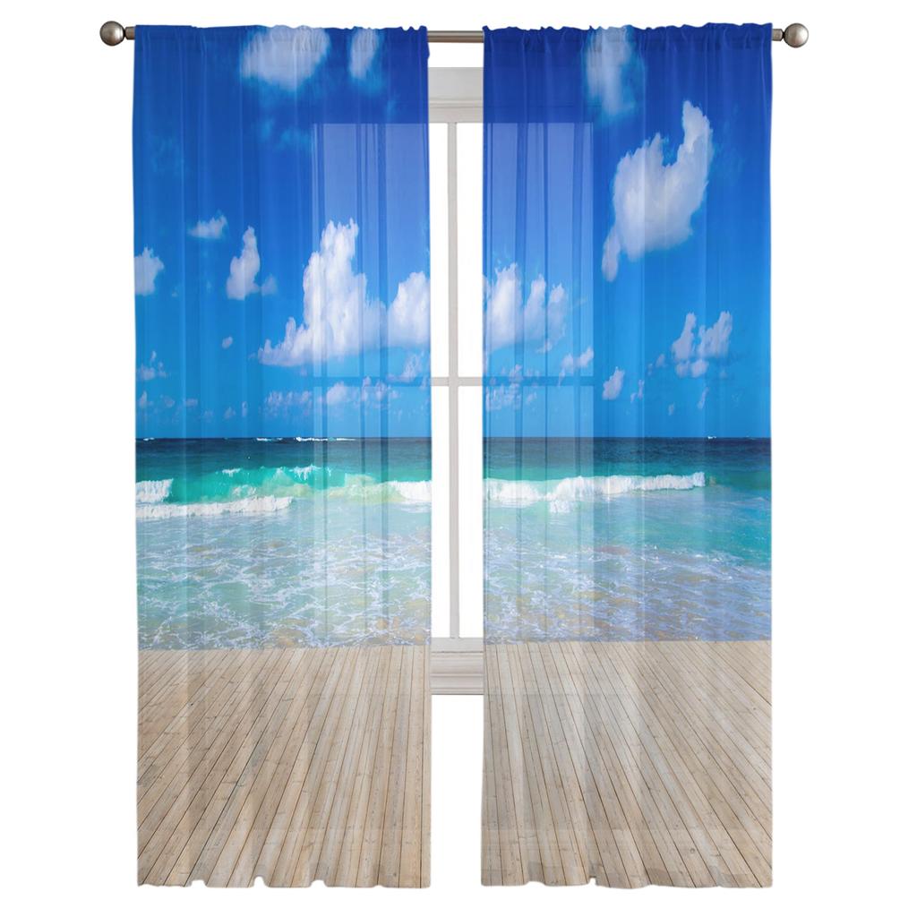 Beach Blue Sky White Clouds Sheer Curtains Modern Gauze Curtain for Living Room Bedroom Voile Yarn Curtains