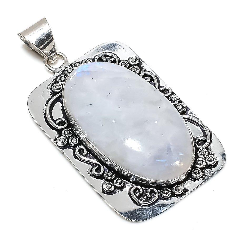 Rainbow Moonstone Gemstone 925 Sterling Silver Jewelry Pendant 2.44" Q6i04