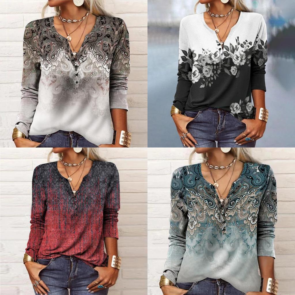 Streetwear Geometric Pattern Long Sleeve T Shirt For Women With V Neck Casual Fit