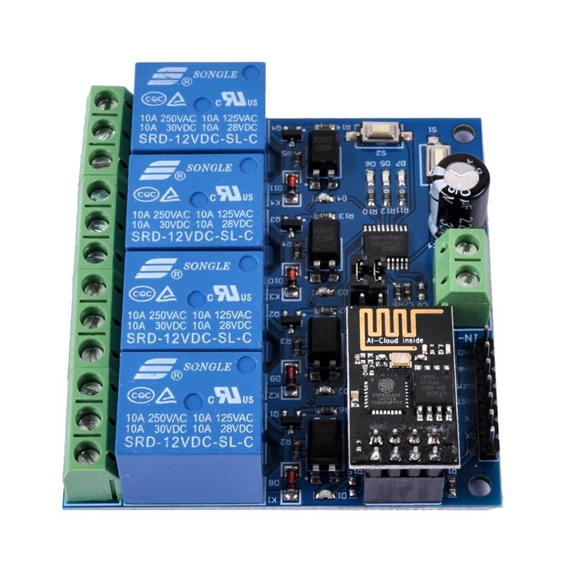12 В постоянного тока ESP8266, 4-канальная релейная плата ESP-01, модуль WIFI для умного дома, интеллектуальная мебель, 4-канальный релейный модуль WIFI