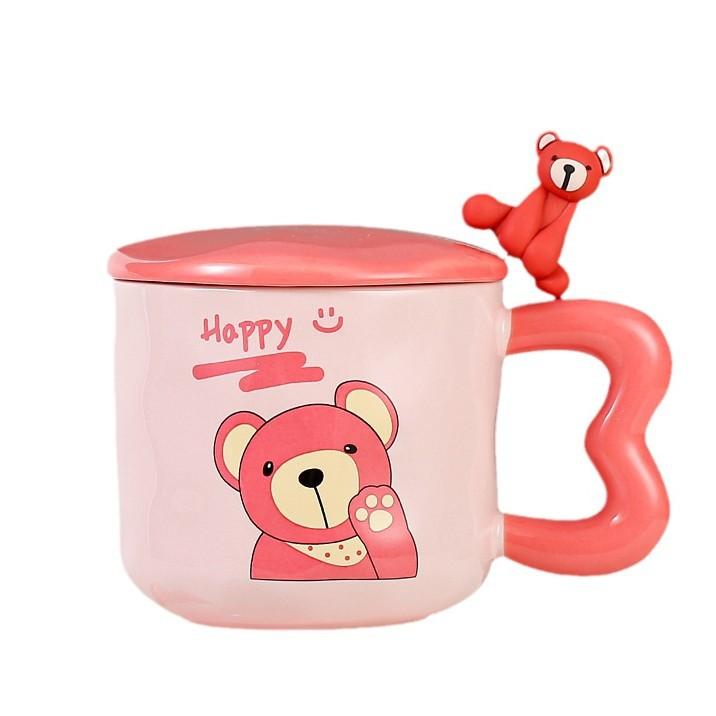 Cute Cartoon Ceramic Cup Powder Bear Mug with Lid Spoon High Looking Girl Drinking Water Cup for Home Use