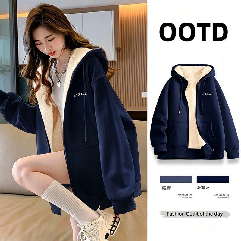 Women's Lambswool Sweatshirt Jacket, Spring/Fall Loose-Fit Long-Sleeve Top, Casual Hooded Cardigan