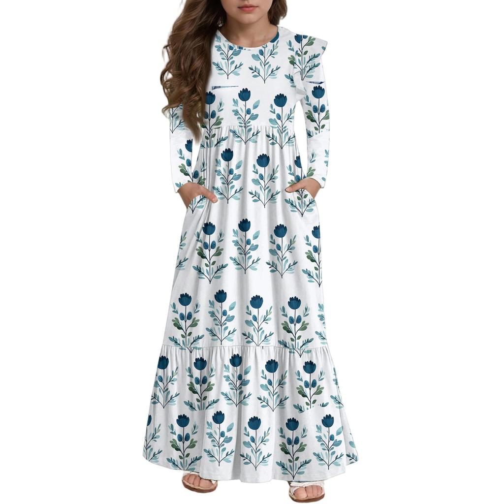 Girls' Tiered Ruffle Dress - Long Sleeve Printed Maxi With Pockets