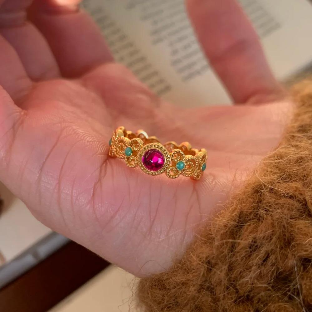 Chinese Style Cloisonne Enamel Floral Window Ring for Women Vintage Palace Inspired Adjustable Open Band