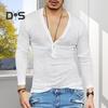 Men T-shirt V-neck Buttons Half Placket Long Sleeve Tee Shirt Solid Color Slim Fit Regular Style Breathable Tops