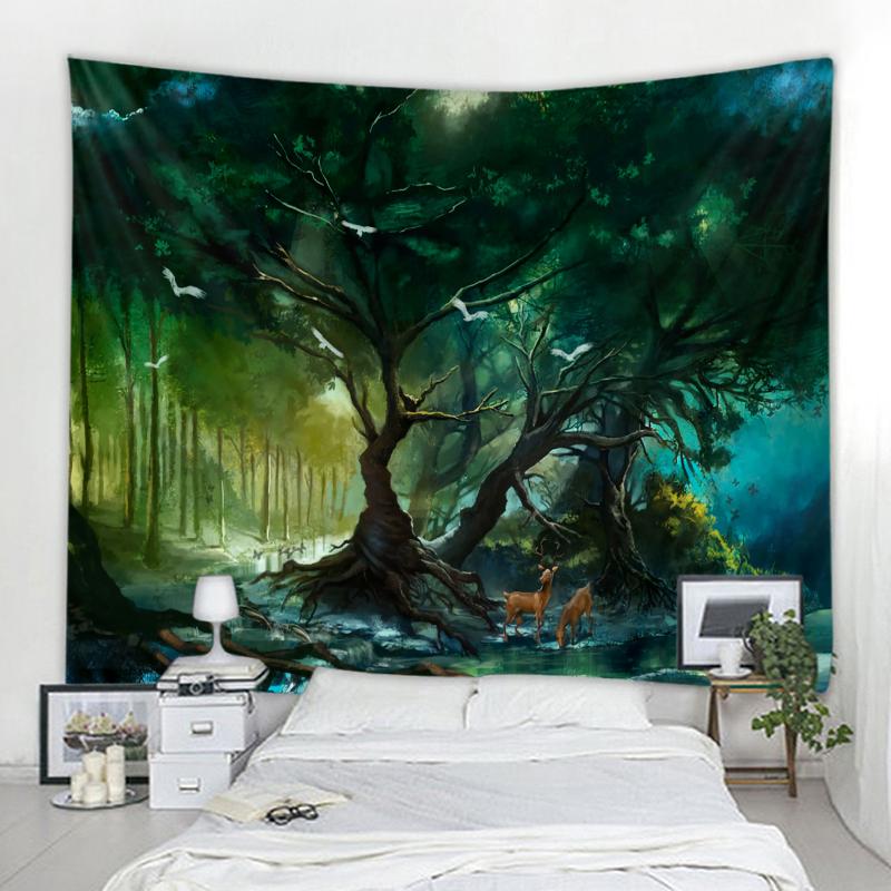 Фэнтезийный лесной пейзаж, фон, украшение на стену, гобелен, настенное украшение в скандинавском богемном стиле, украшение для комнаты, дома