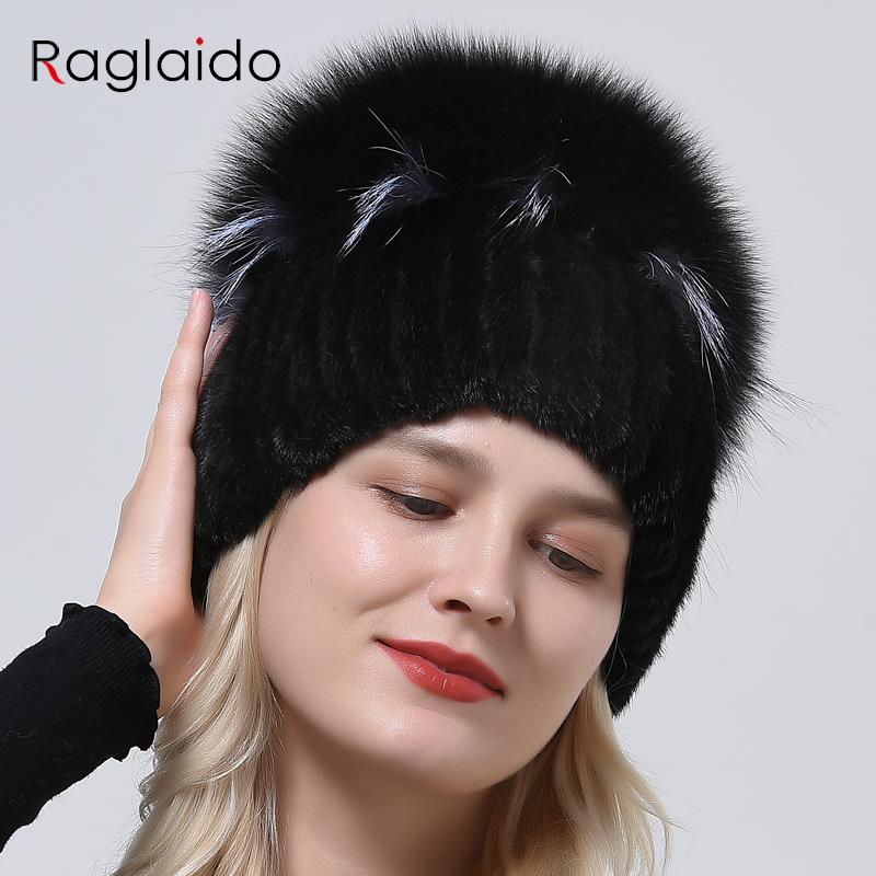 Шапка из 100% натурального натурального меха, женская уличная вязаная шапка из норки, эластичная пушистая шапка из лисьего меха, шапка-бини с помпоном, женский топ, роскошная теплая шапка