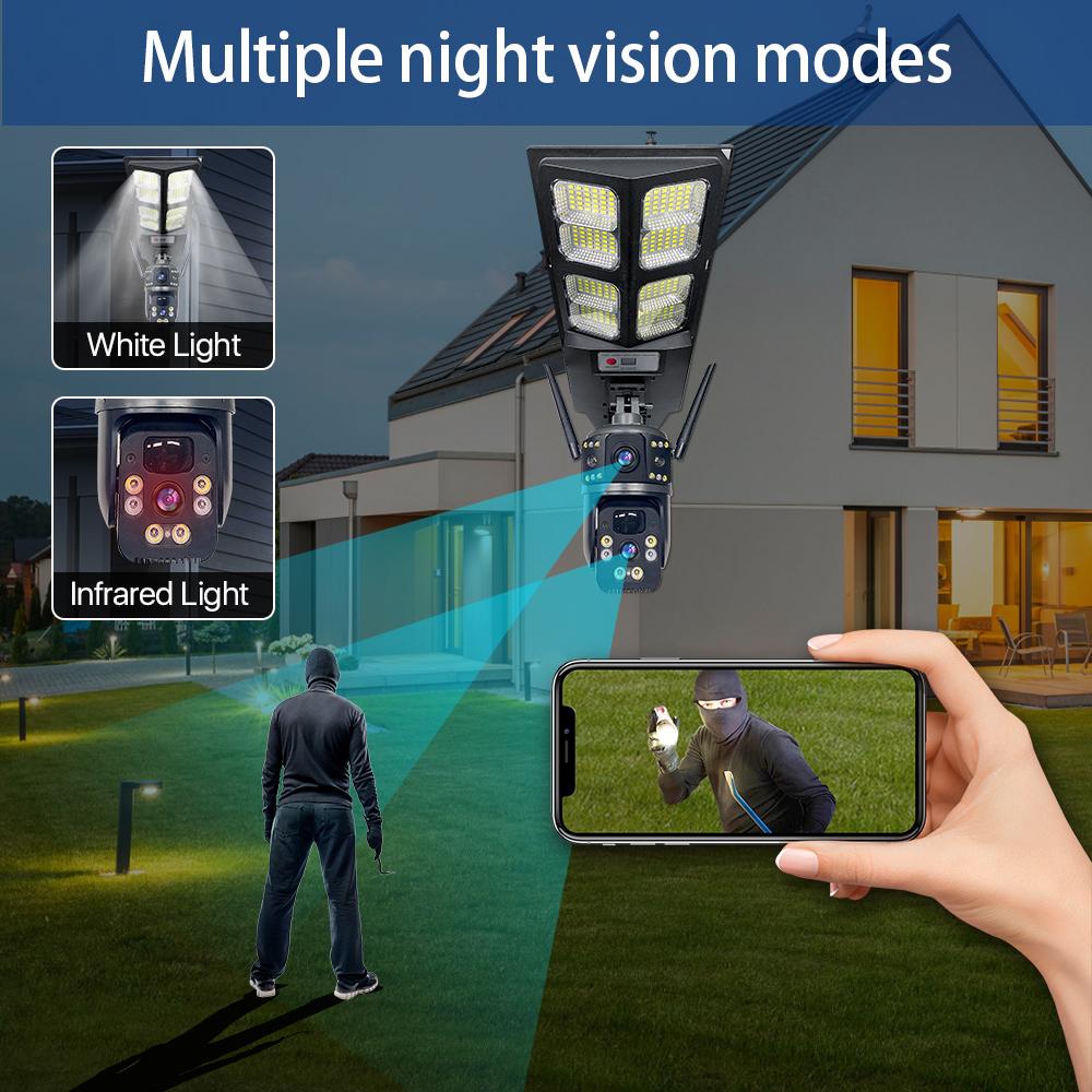 Multi-functional Solar Street Light with PIR Sensor Dual-lens Monitoring, Intelligent Lighting, Wireless WIFI/4G Camera