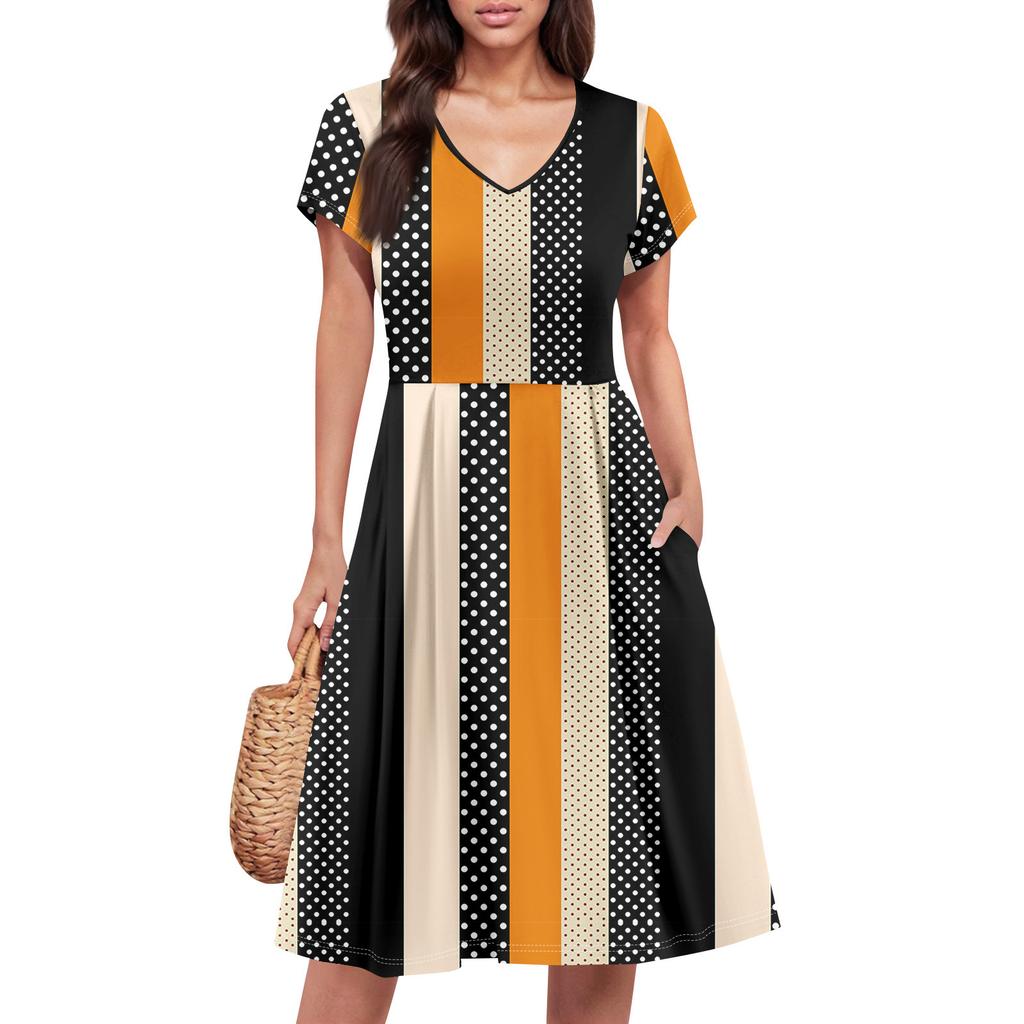 Womens Summer Dress Short Sleeve V Neck Short Dresses Fashion Casual Flowy A Line Swing Sundress With Pocket