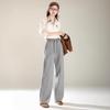 Женские светло-серые шерстяные брюки с высокой посадкой и широкими штанинами - Повседневные осенние прямые спортивные брюки длиной до пола