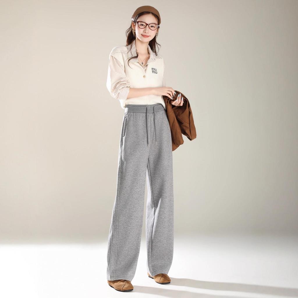 Женские светло-серые шерстяные брюки с высокой посадкой и широкими штанинами - Повседневные осенние прямые спортивные брюки длиной до пола