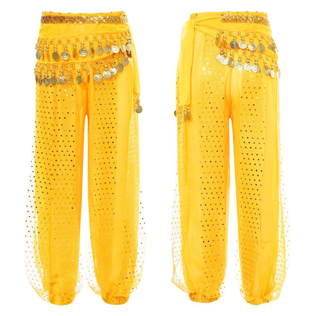 Kids Girls Belly Dance Performance Pants Sequined Dots Chiffon Trousers Bloomers with Tassels Waist Chain Hip Scarf