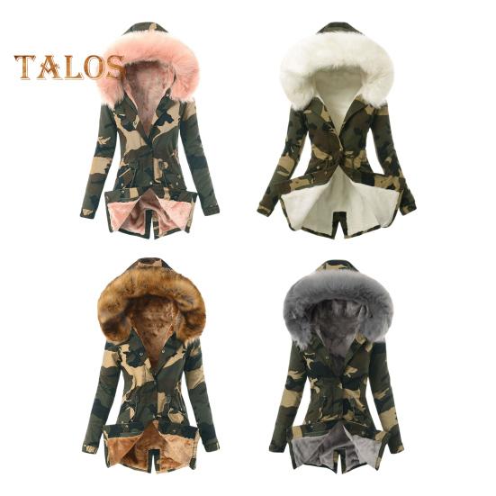 Женский зимний пуховик с искусственным мехом, флисовой подкладкой, застежкой-молнией на кнопках, ветрозащитная куртка средней длины с камуфляжным принтом, приталенная верхняя одежда