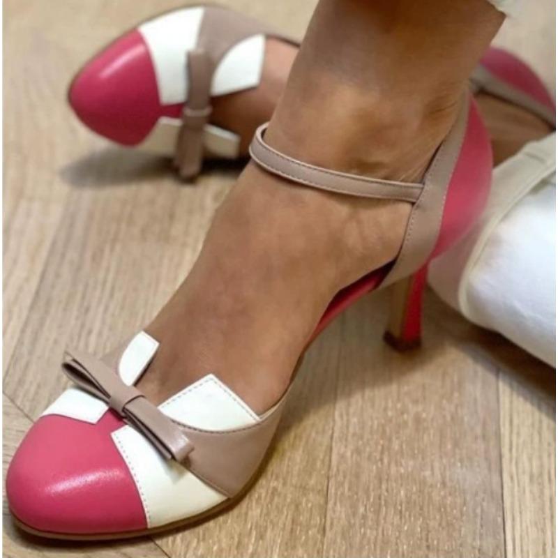 New Style Sweet Female Pumps Round Toe Small Heels 6cm Buckle Strap Bowknot Mixed Color Plus Size 34-43 Spring Dating Shoes