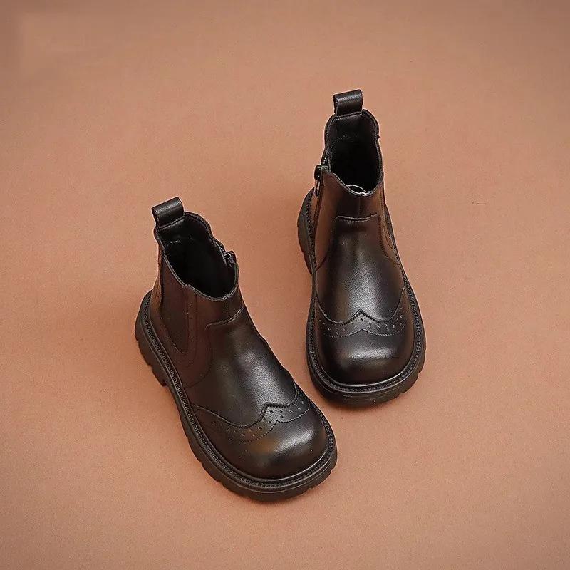 2024 Детские короткие ботинки для девочек осень-зима, новые модные французские туфли с мягкой подошвой, нескользящие, универсальные, шикарные, кожаные