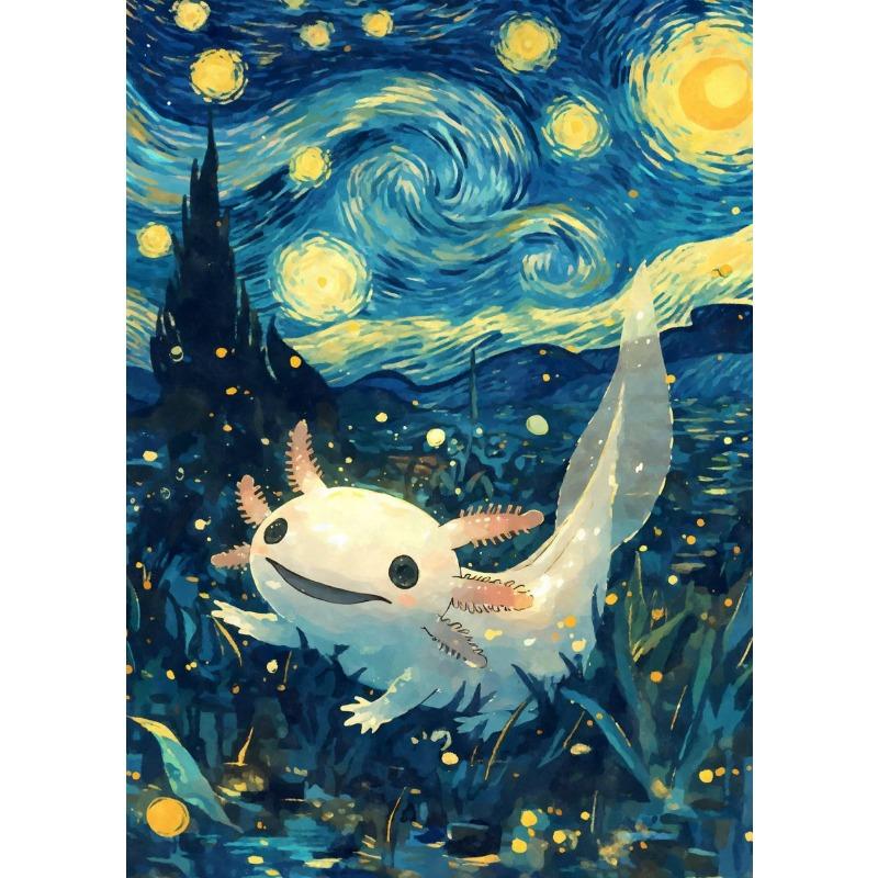 Постер «Звездная ночь», милые животные, кошка, собака, аксолотль, утконос, холст, абстрактное настенное искусство, выставка, гостиная, домашний декор