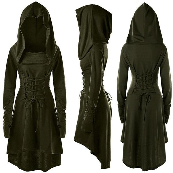 Womens Gothic Punk Cosplay Hooded Cloak Cape Coats Witch Swing Dress Costume