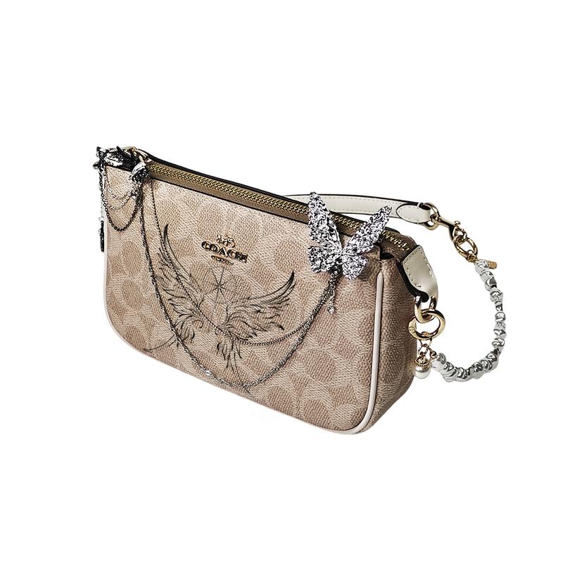 COACH shoulder bag [Customized bag] Nolita 19 classic old flower print palace crown tassel pearl pendant hand-painted fashion coated canvas small wing