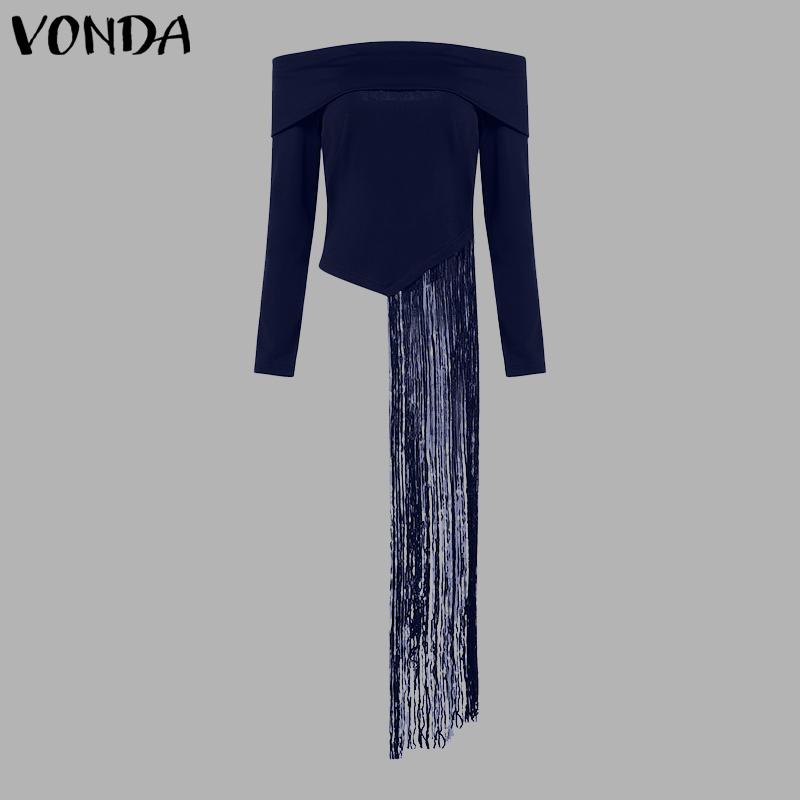 VONDA Женские винтажные обтягивающие однотонные футболки с открытыми плечами и длинным рукавом