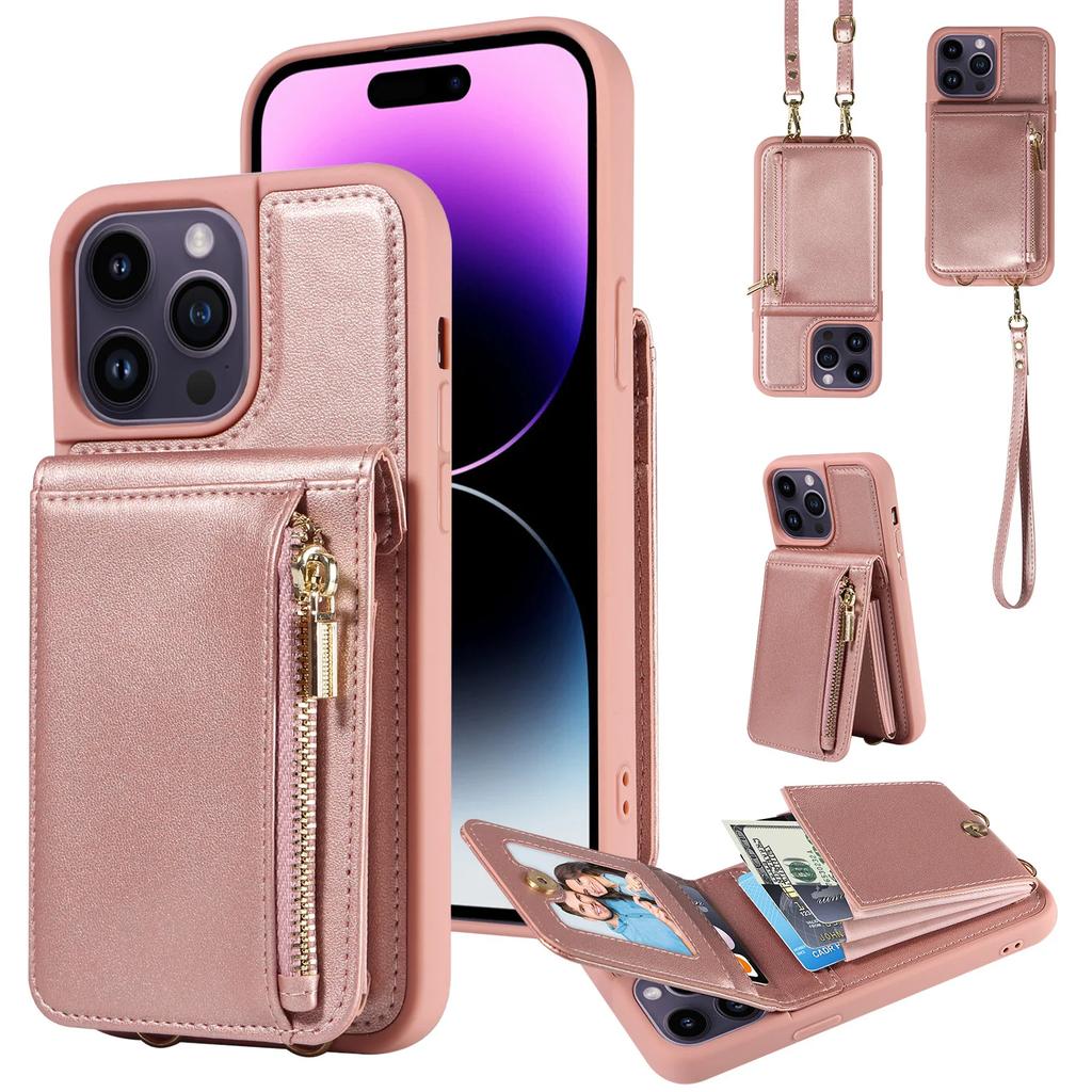 Кошелек на молнии Кроссбоди Ремешок Чехол для телефона для iPhone 16 15 Plus 14 13 12 11 Pro Max XR XS Органайзер Держатель для карт Слоты Кожаный чехол