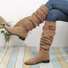 New Style Popular Pleated Boot Women Faux Suede Flock Knee High Boots Winter Women Slip On Square Low Heel Knight Boots
