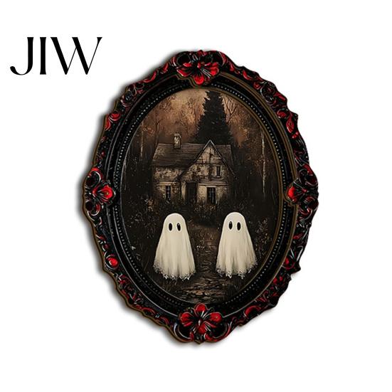 Distressed Black Red Frame Magnets Halloween Wooden Refrigerator Magnet, Vintage Gothic Fridge Magnets, Oval Decorative Metal Surface Skeleton/Black