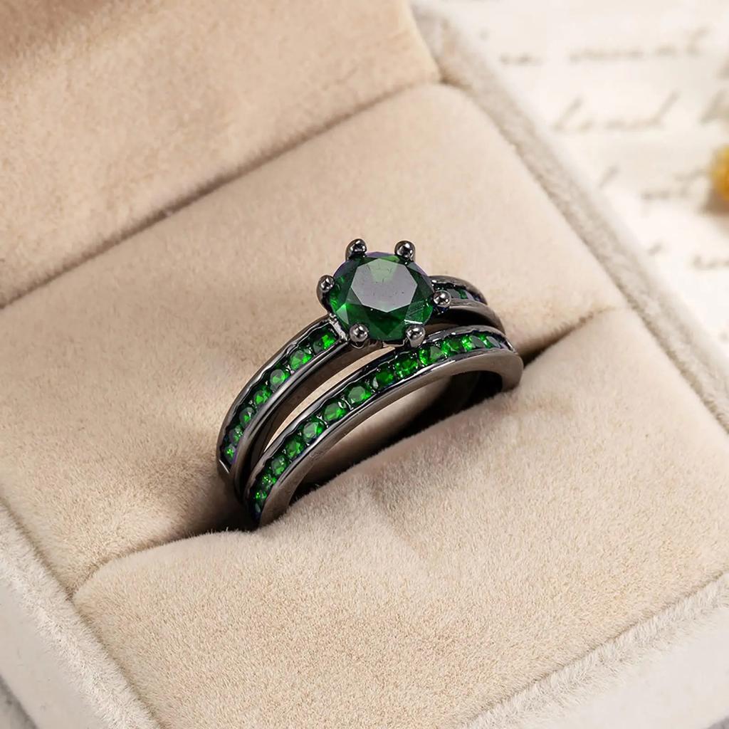 Fashion Couple Rings Romantic Green Rhinestones CZ Women Rings Set Trendy Men Stainless Steel Zirconia Ring Wedding Band Jewelry
